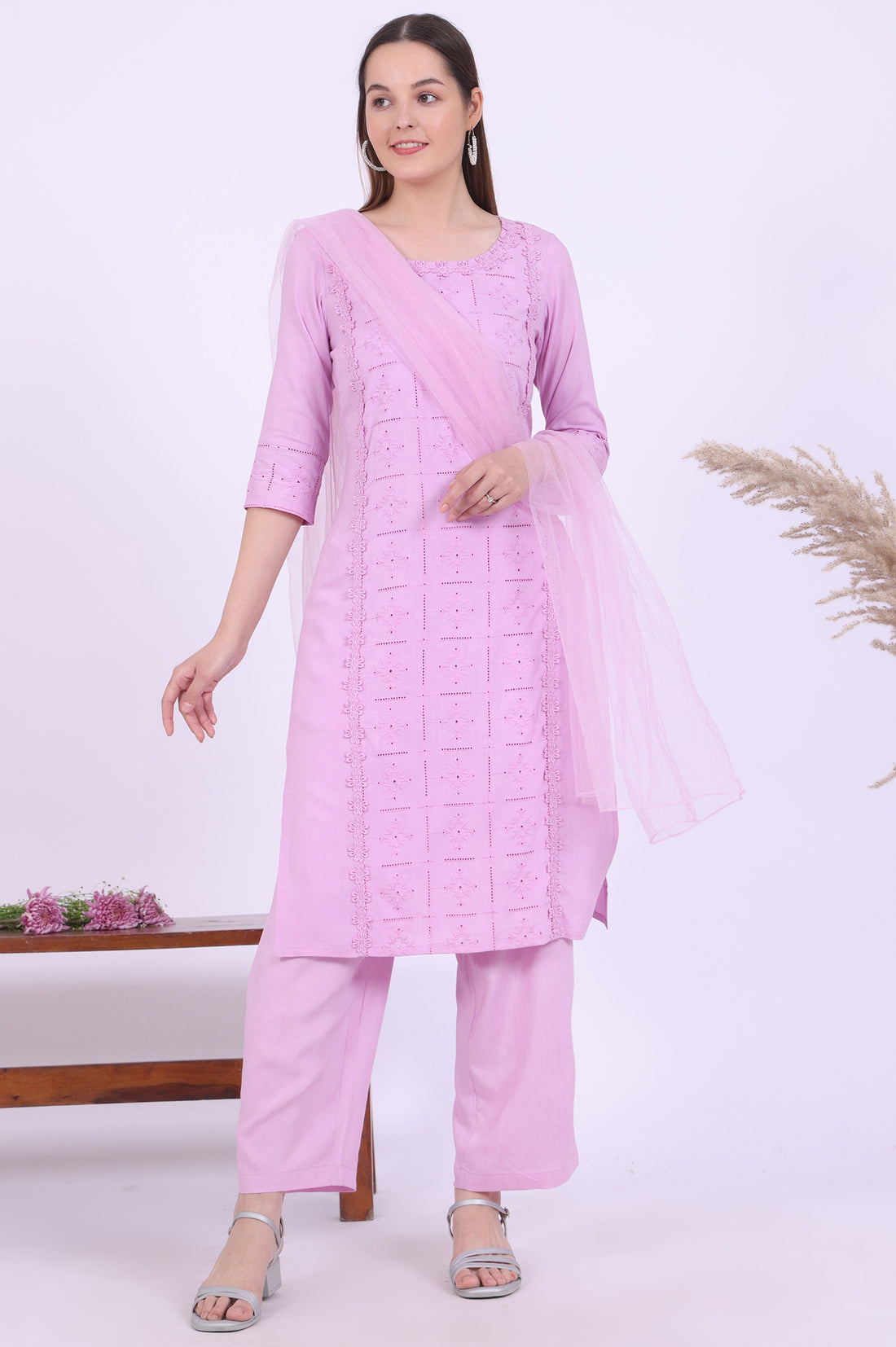 Purple Embroidered Straight Kurta with Palazzos &amp; Dupatta Set