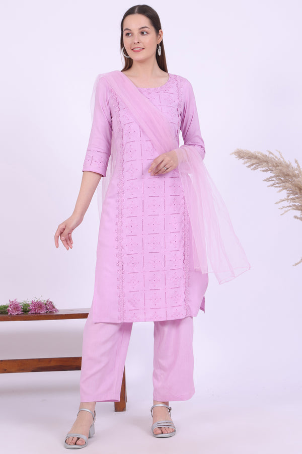 Purple Embroidered Straight Kurta with Palazzos & Dupatta Set