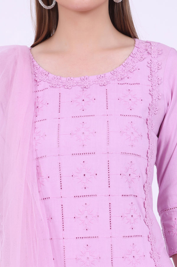 Purple Embroidered Straight Kurta with Palazzos & Dupatta Set