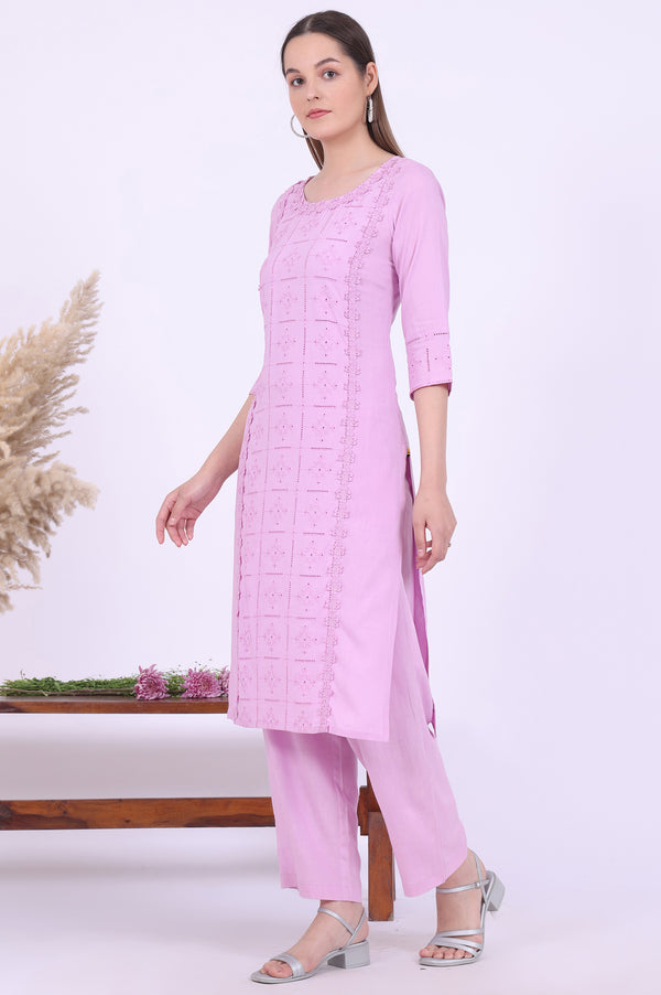 Purple Embroidered Straight Kurta with Palazzos & Dupatta Set