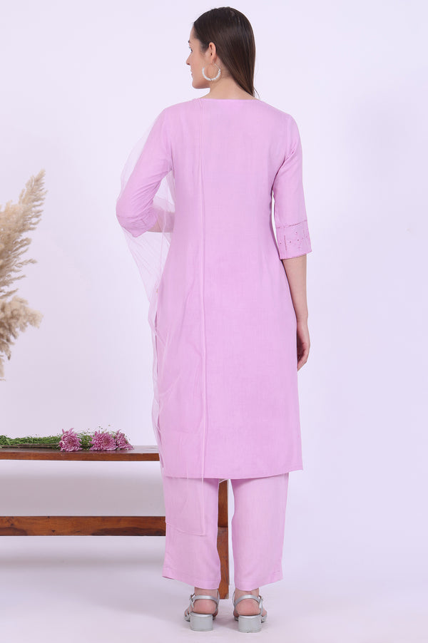 Purple Embroidered Straight Kurta with Palazzos & Dupatta Set