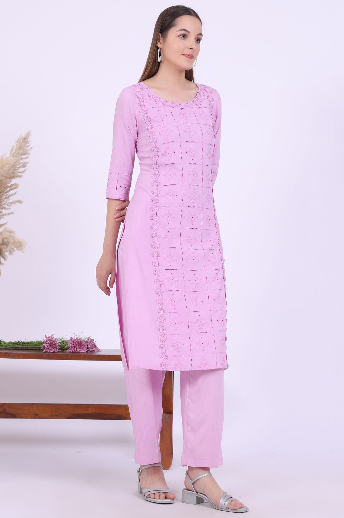 Purple Embroidered Straight Kurta with Palazzos &amp; Dupatta Set