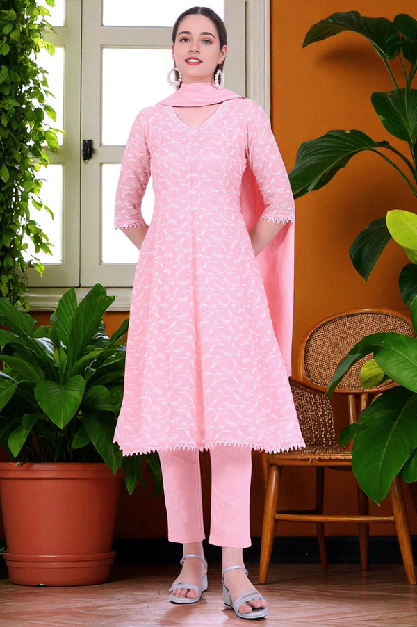 Orange Embroidered Cotton Blend Anarkali with Trousers & Dupatta Set