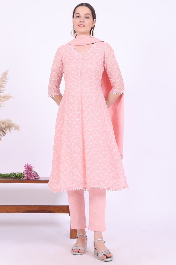 Orange Embroidered Cotton Blend Anarkali with Trousers & Dupatta Set