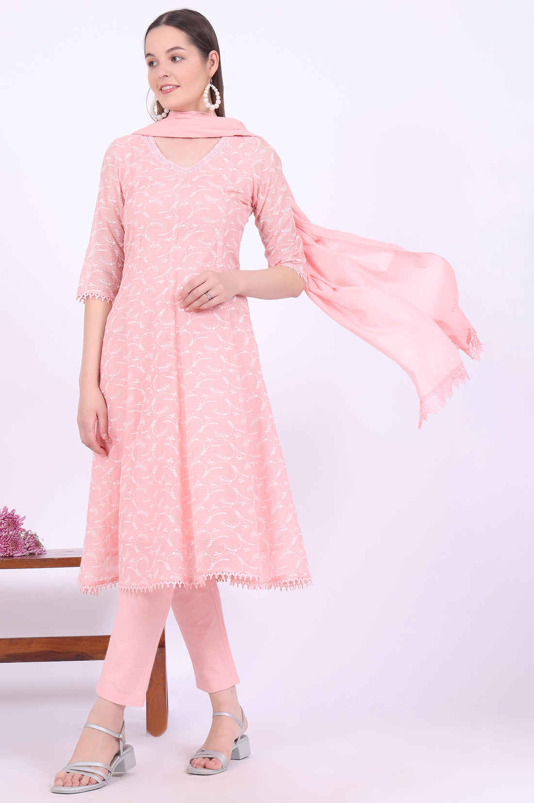 Orange Embroidered Cotton Blend Anarkali with Trousers &amp; Dupatta Set