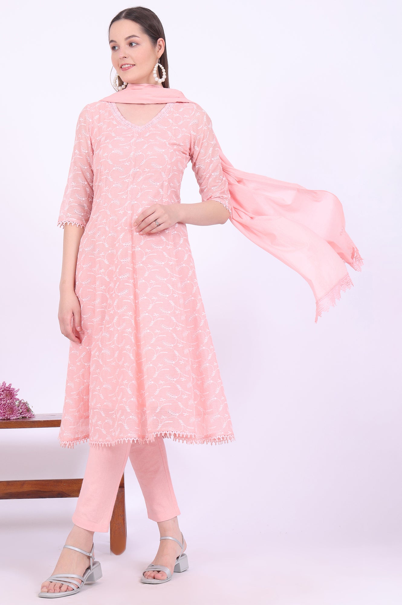 Orange Embroidered Cotton Blend Anarkali with Trousers &amp; Dupatta Set