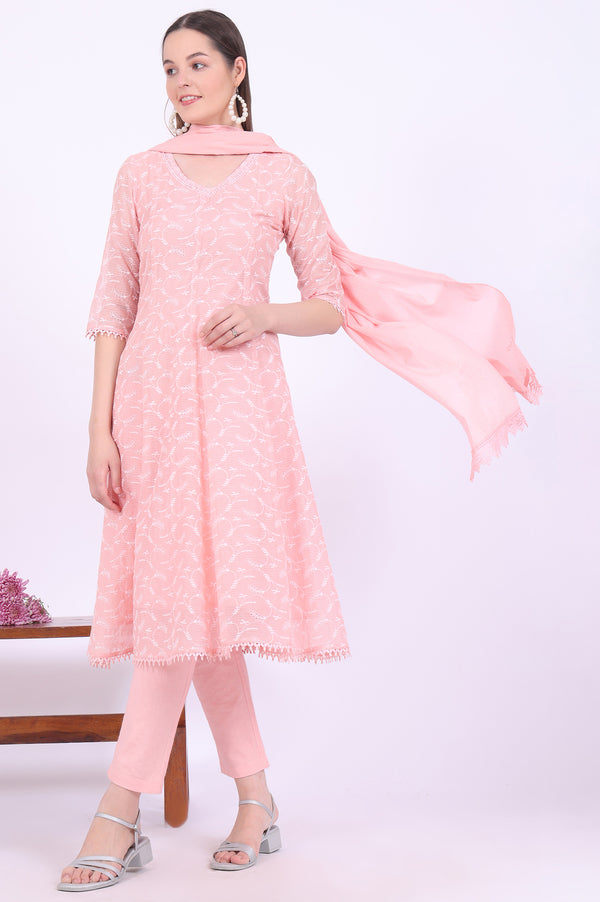 Orange Embroidered Cotton Blend Anarkali with Trousers & Dupatta Set