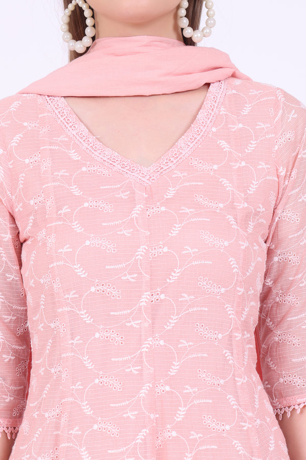 Orange Embroidered Cotton Blend Anarkali with Trousers & Dupatta Set