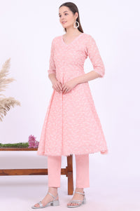 Orange Embroidered Cotton Blend Anarkali with Trousers &amp; Dupatta Set