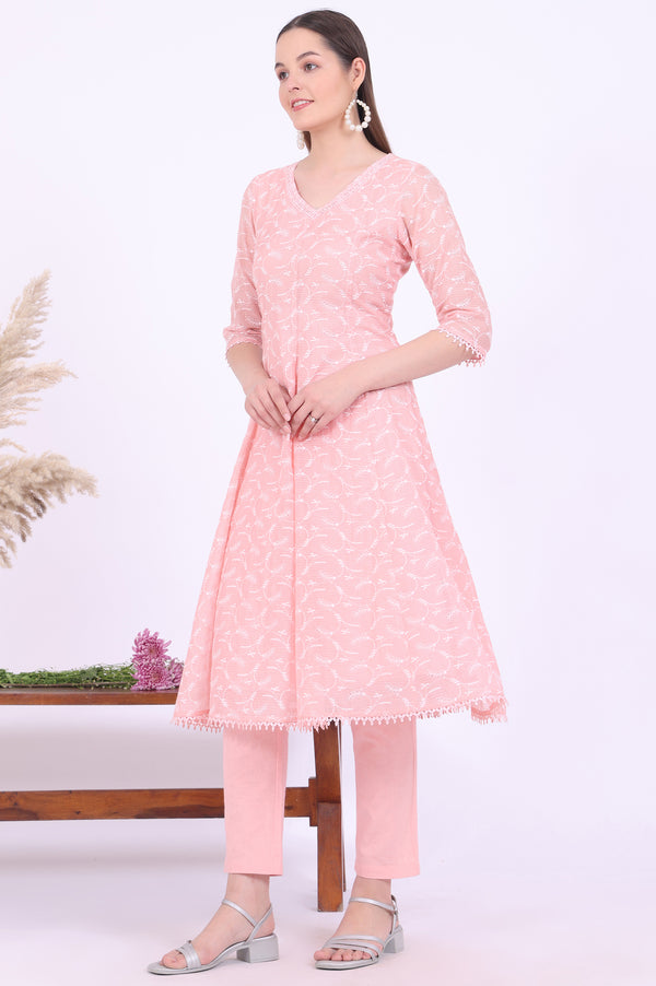 Orange Embroidered Cotton Blend Anarkali with Trousers & Dupatta Set