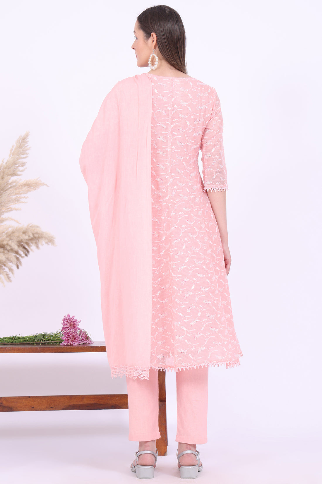 Orange Embroidered Cotton Blend Anarkali with Trousers &amp; Dupatta Set