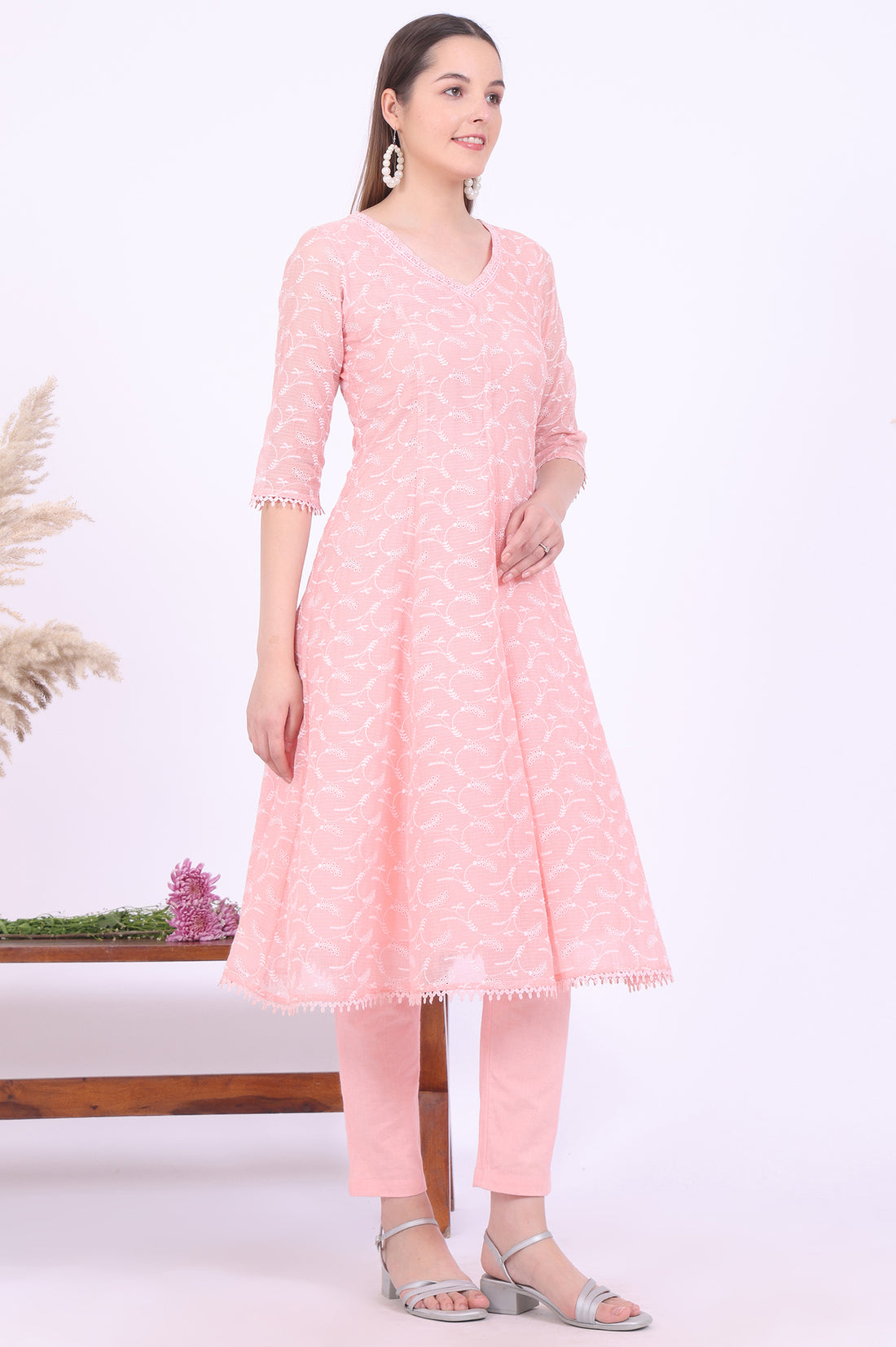 Orange Embroidered Cotton Blend Anarkali with Trousers &amp; Dupatta Set