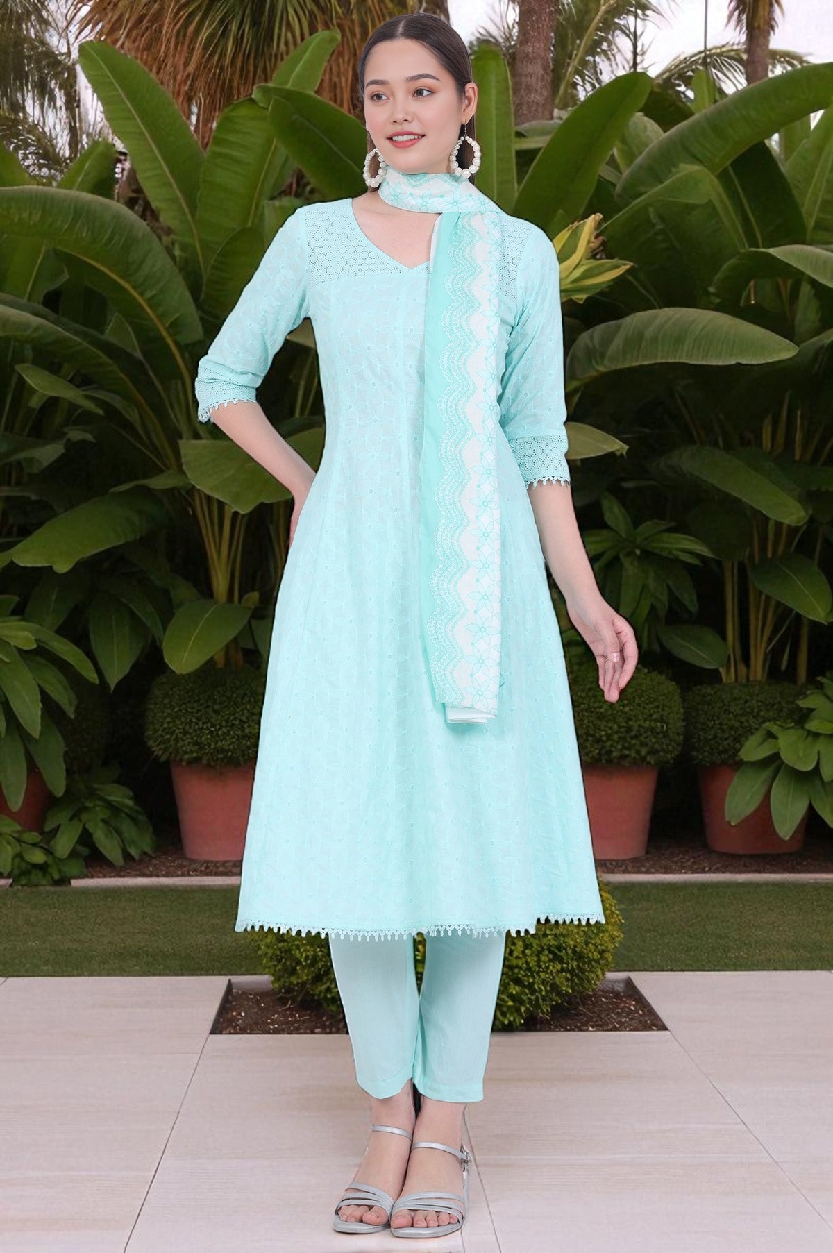 Green Embroidered Pure Cotton Anarkali with Trousers & Dupatta Set - L