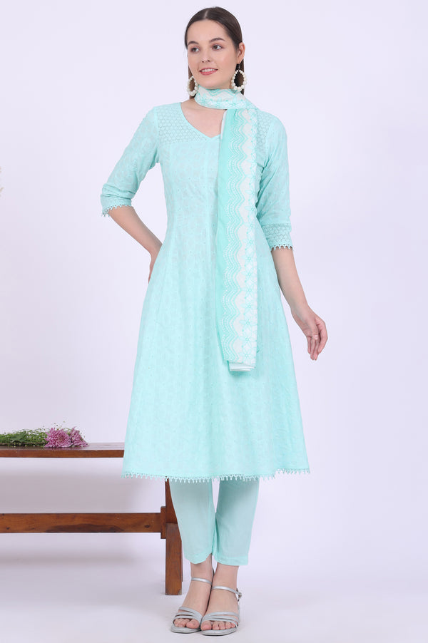 Green Embroidered Pure Cotton Anarkali with Trousers & Dupatta Set