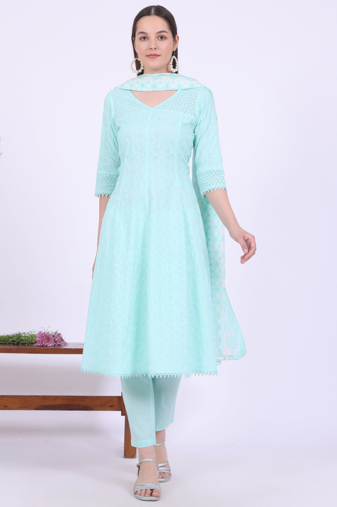 Green Embroidered Pure Cotton Anarkali with Trousers &amp; Dupatta Set