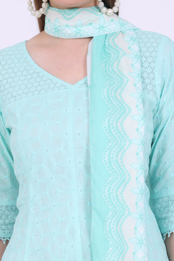 Green Embroidered Pure Cotton Anarkali with Trousers & Dupatta Set