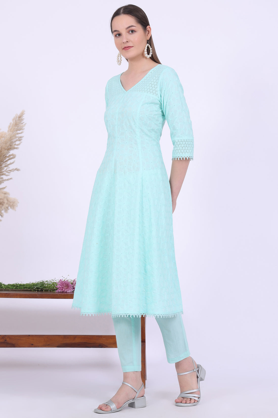 Green Embroidered Pure Cotton Anarkali with Trousers &amp; Dupatta Set