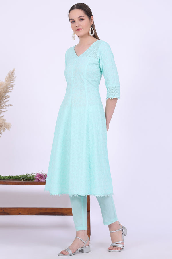 Green Embroidered Pure Cotton Anarkali with Trousers & Dupatta Set