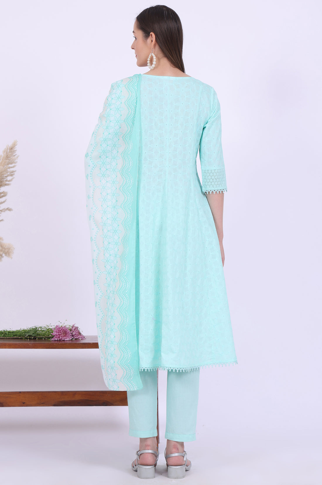 Green Embroidered Pure Cotton Anarkali with Trousers &amp; Dupatta Set