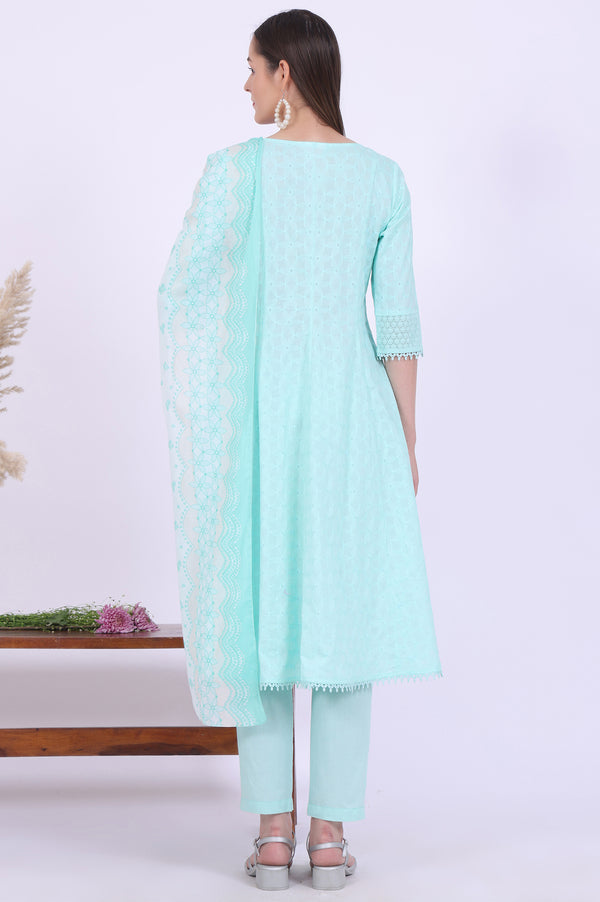 Green Embroidered Pure Cotton Anarkali with Trousers & Dupatta Set