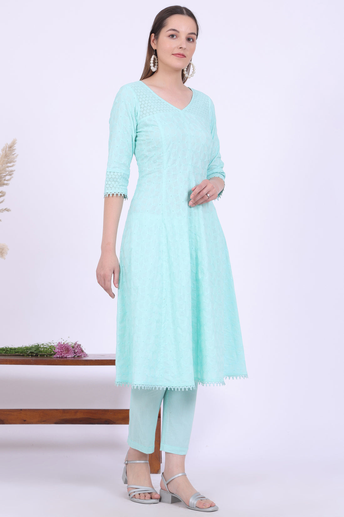 Green Embroidered Pure Cotton Anarkali with Trousers &amp; Dupatta Set