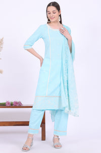 Blue Embroidered Pure Cotton Straight Kurta with Palazzos &amp; Dupatta Set