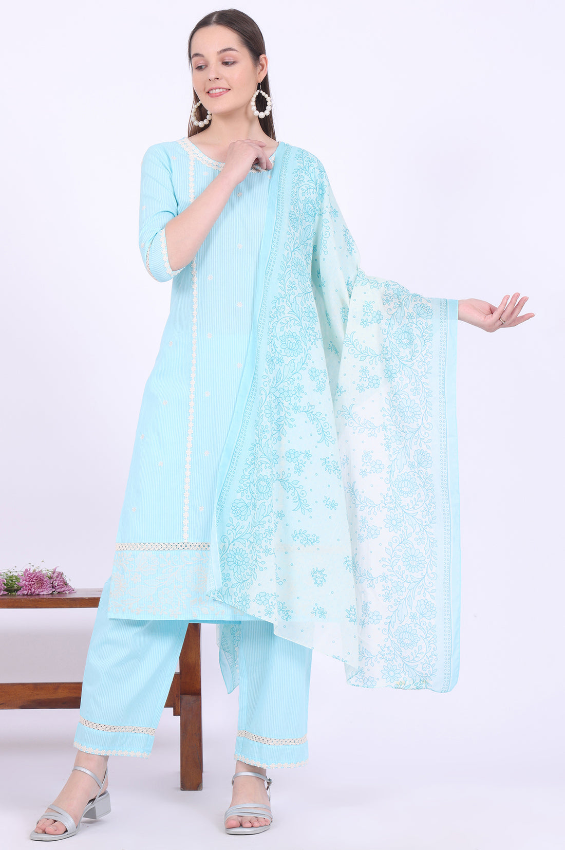 Blue Embroidered Pure Cotton Straight Kurta with Palazzos &amp; Dupatta Set