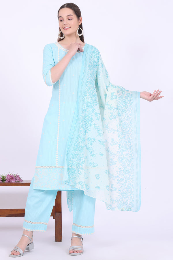 Blue Embroidered Pure Cotton Straight Kurta with Palazzos & Dupatta Set