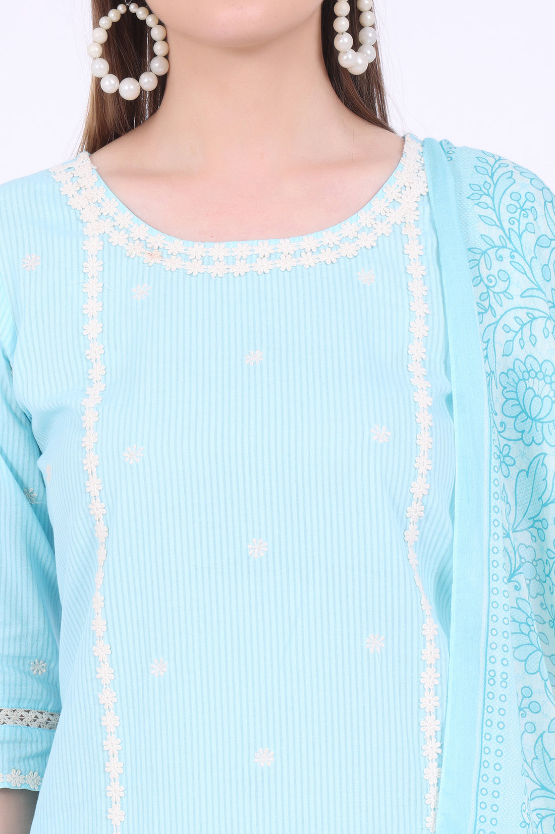 Blue Embroidered Pure Cotton Straight Kurta with Palazzos &amp; Dupatta Set