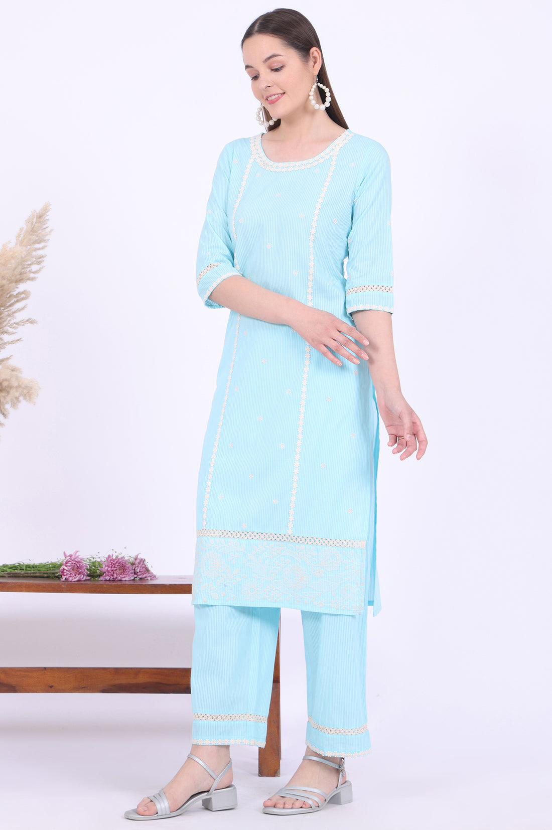 Blue Embroidered Pure Cotton Straight Kurta with Palazzos &amp; Dupatta Set