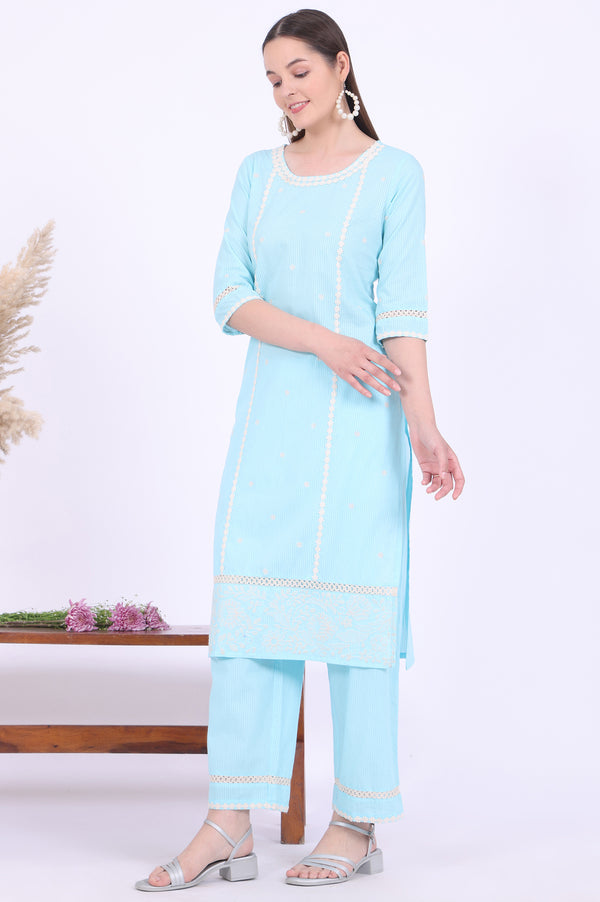 Blue Embroidered Pure Cotton Straight Kurta with Palazzos & Dupatta Set