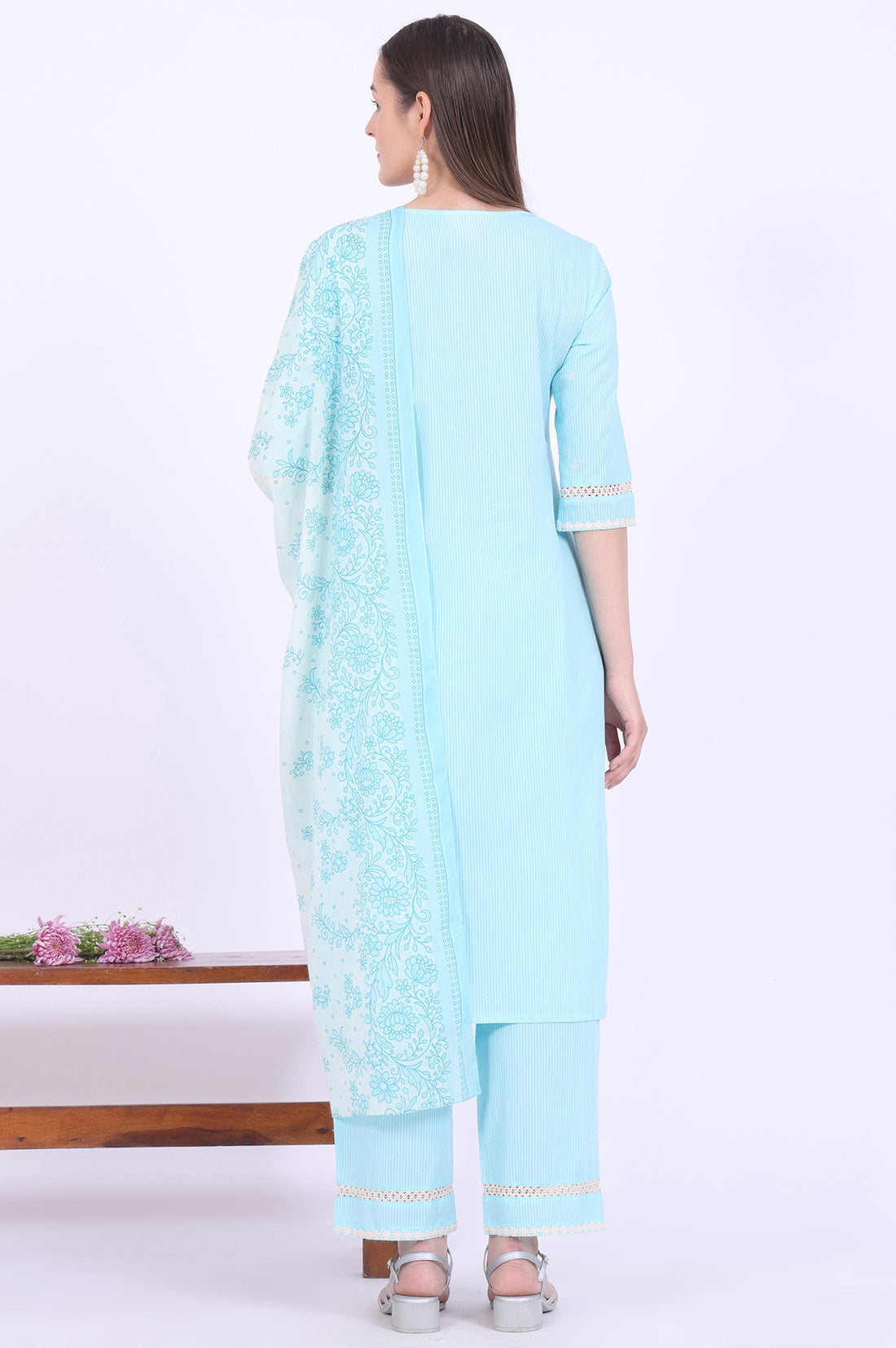 Blue Embroidered Pure Cotton Straight Kurta with Palazzos &amp; Dupatta Set