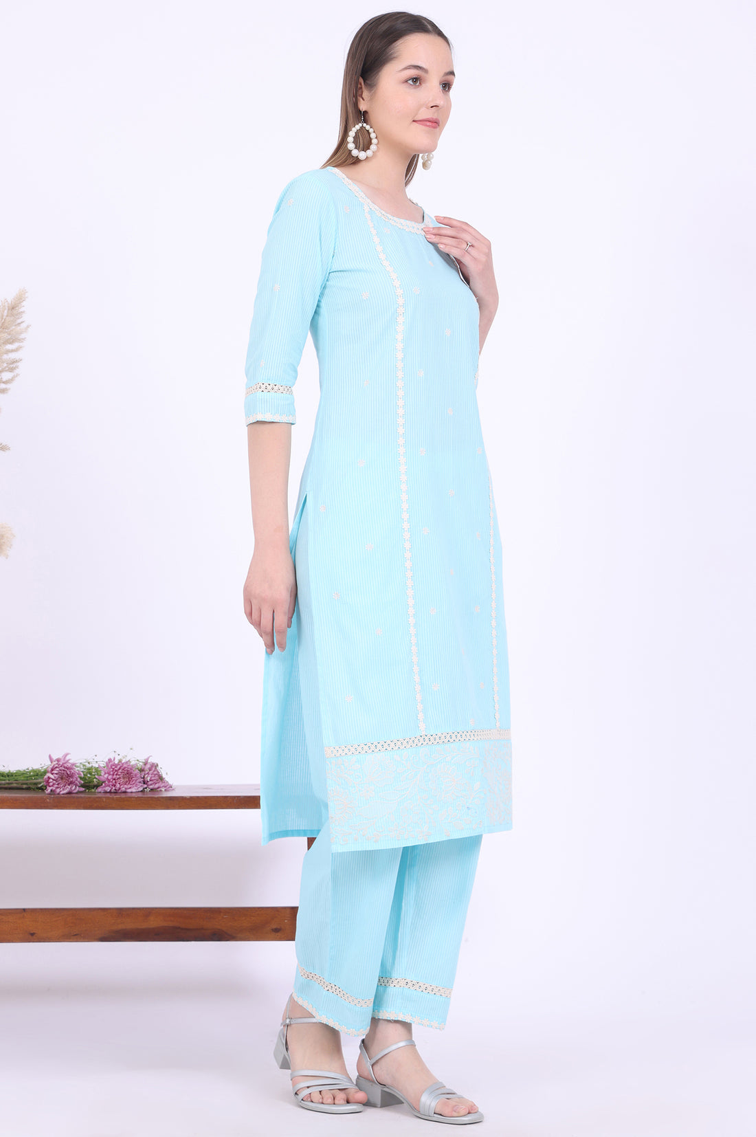Blue Embroidered Pure Cotton Straight Kurta with Palazzos &amp; Dupatta Set