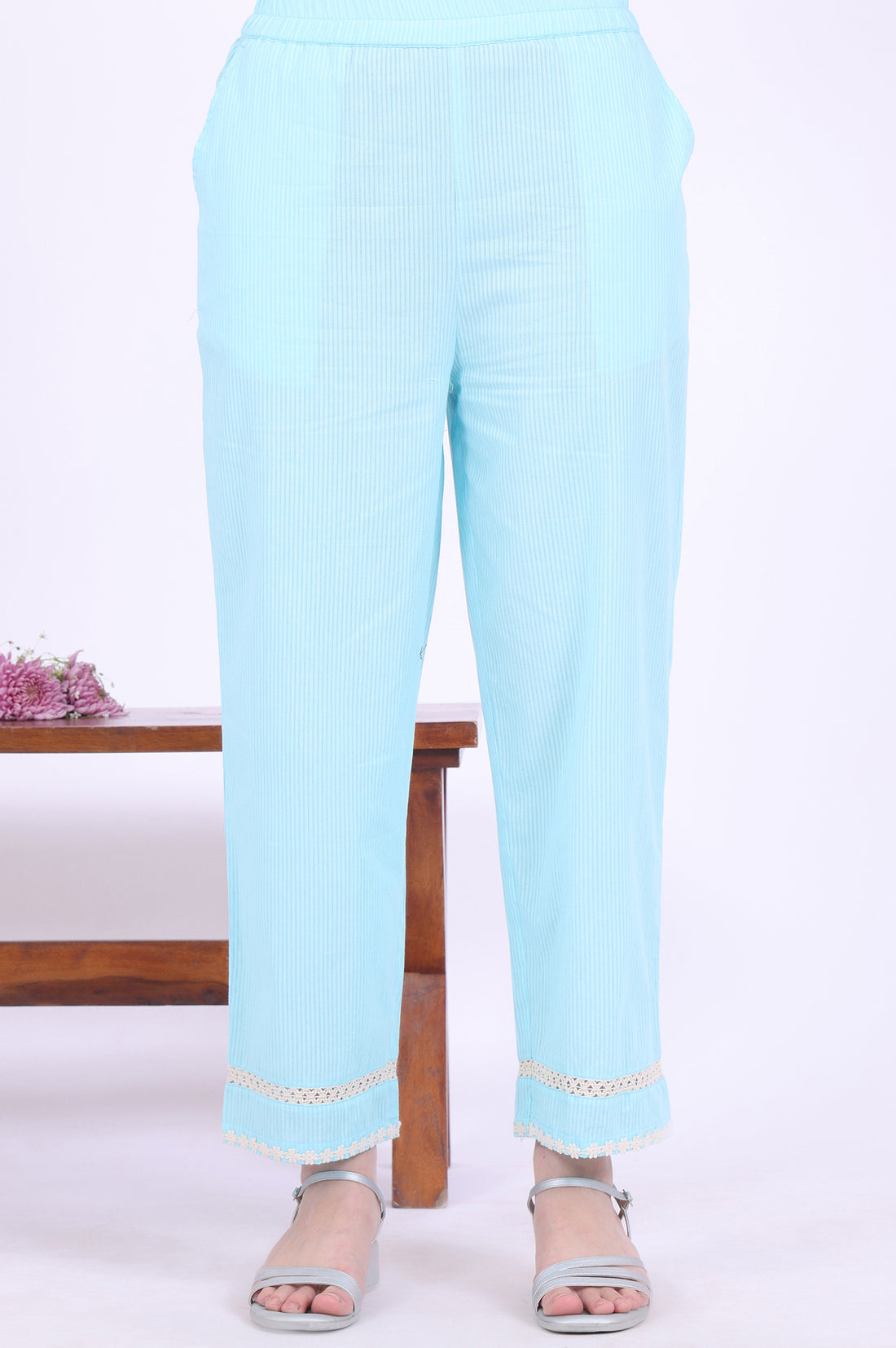 Blue Embroidered Pure Cotton Straight Kurta with Palazzos &amp; Dupatta Set