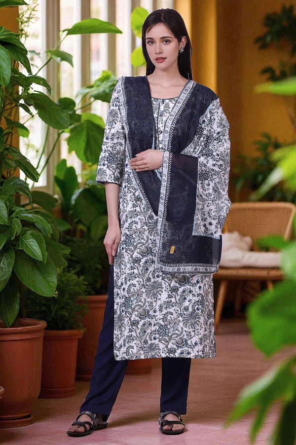 White Floral Printed Pure Cotton Straight Kurta, Palazzo and Dupatta Set