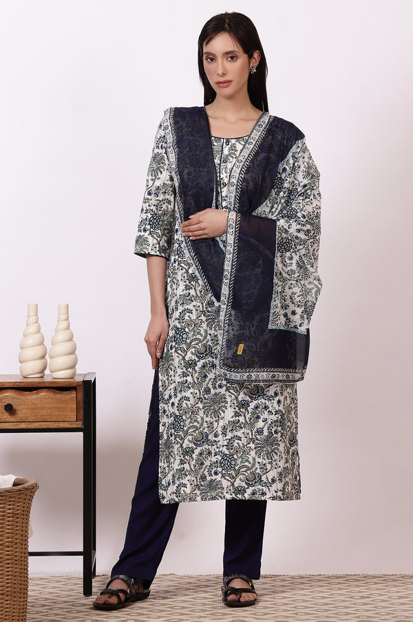White Floral Printed Pure Cotton Straight Kurta, Palazzo and Dupatta Set