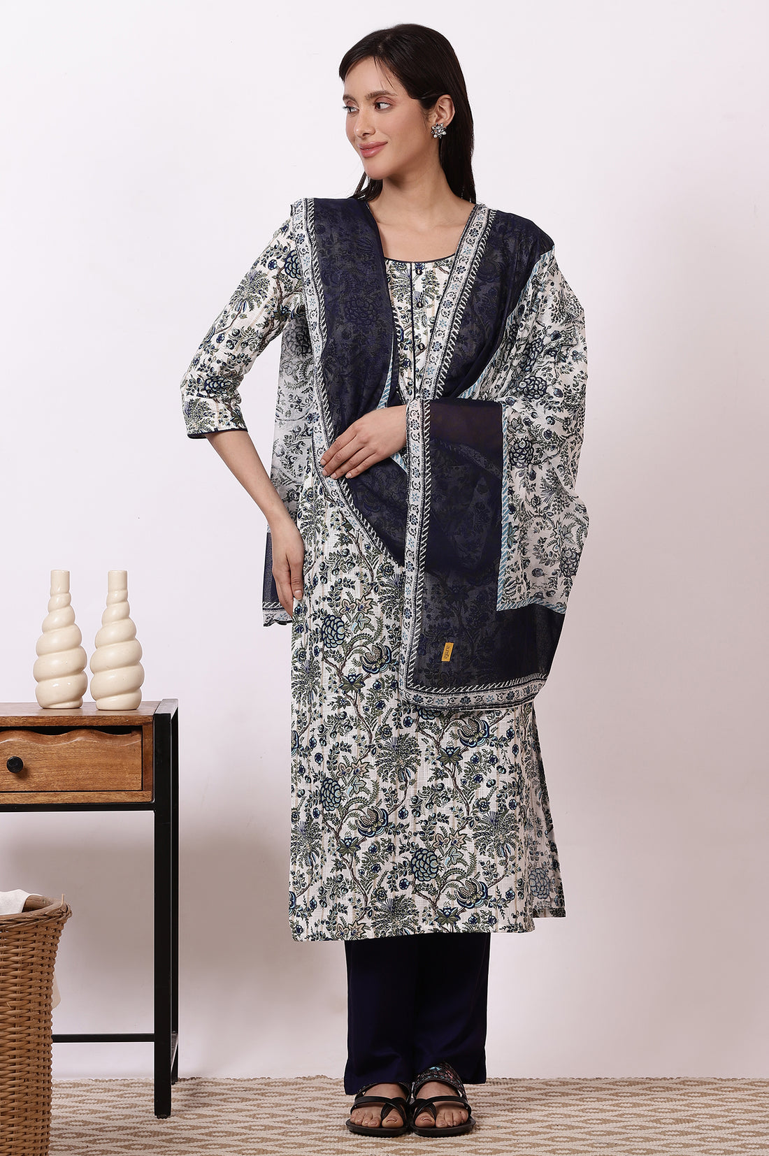 White Floral Printed Pure Cotton Straight Kurta, Palazzo and Dupatta Set