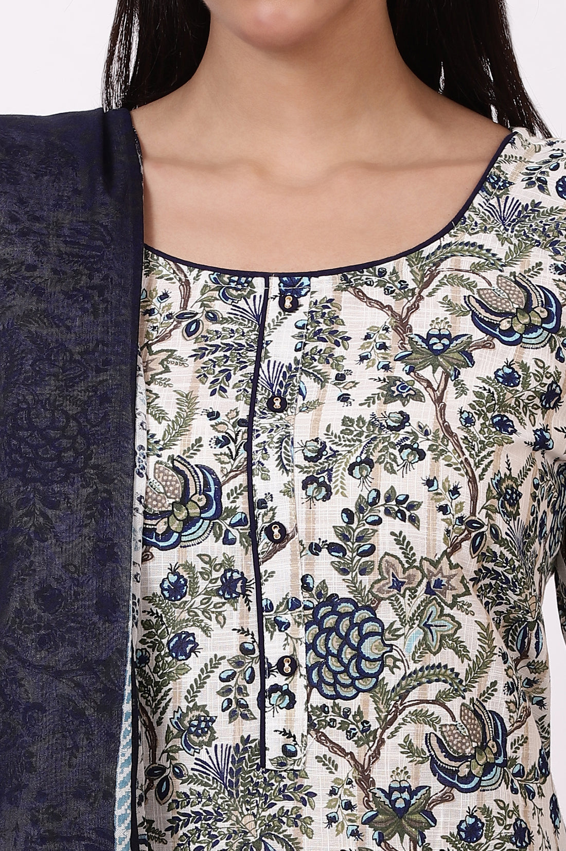 White Floral Printed Pure Cotton Straight Kurta, Palazzo and Dupatta Set