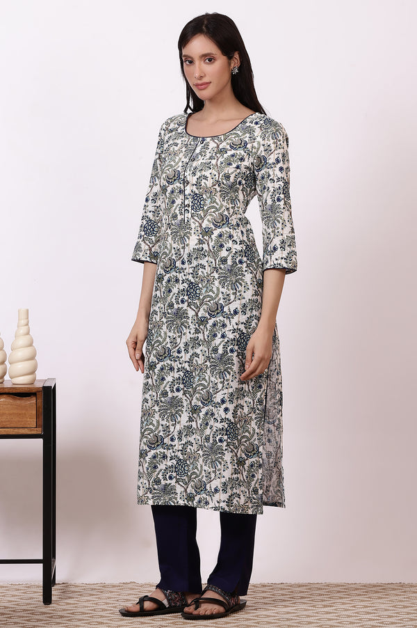 White Floral Printed Pure Cotton Straight Kurta, Palazzo and Dupatta Set