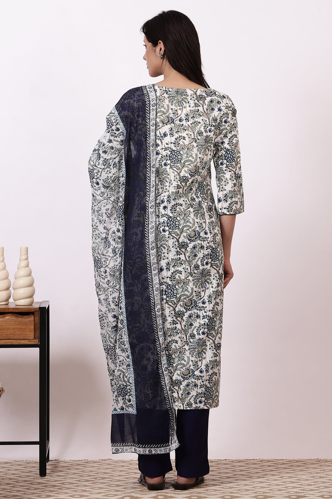 White Floral Printed Pure Cotton Straight Kurta, Palazzo and Dupatta Set