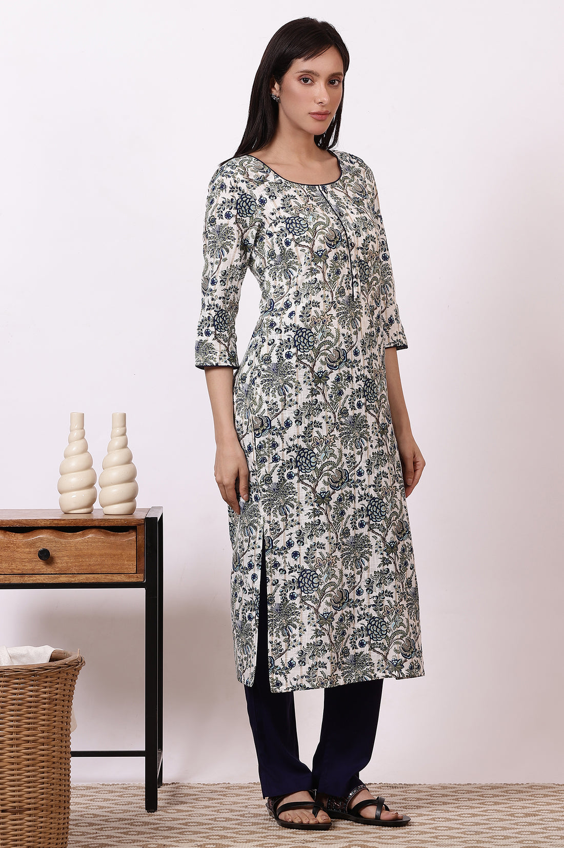 White Floral Printed Pure Cotton Straight Kurta, Palazzo and Dupatta Set