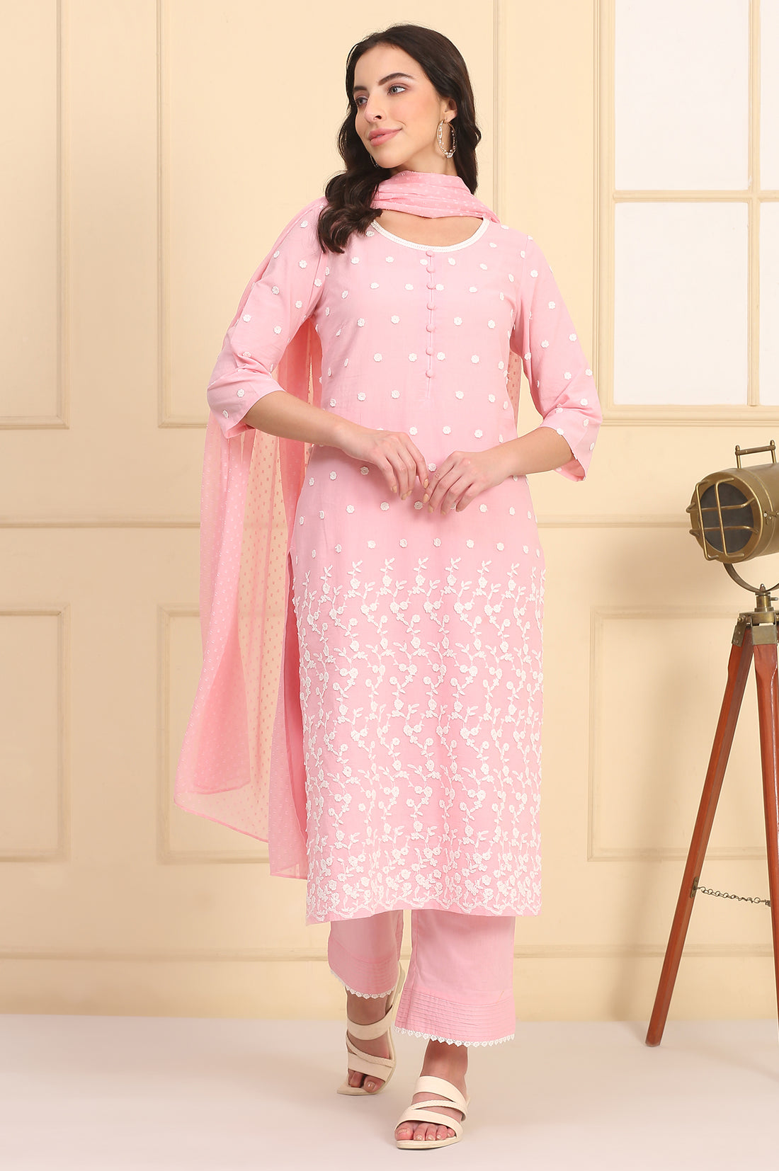 Powder Pink Solid Schiffli Embroidered Straight Cotton Kurta, Palazzos and Dupatta Set