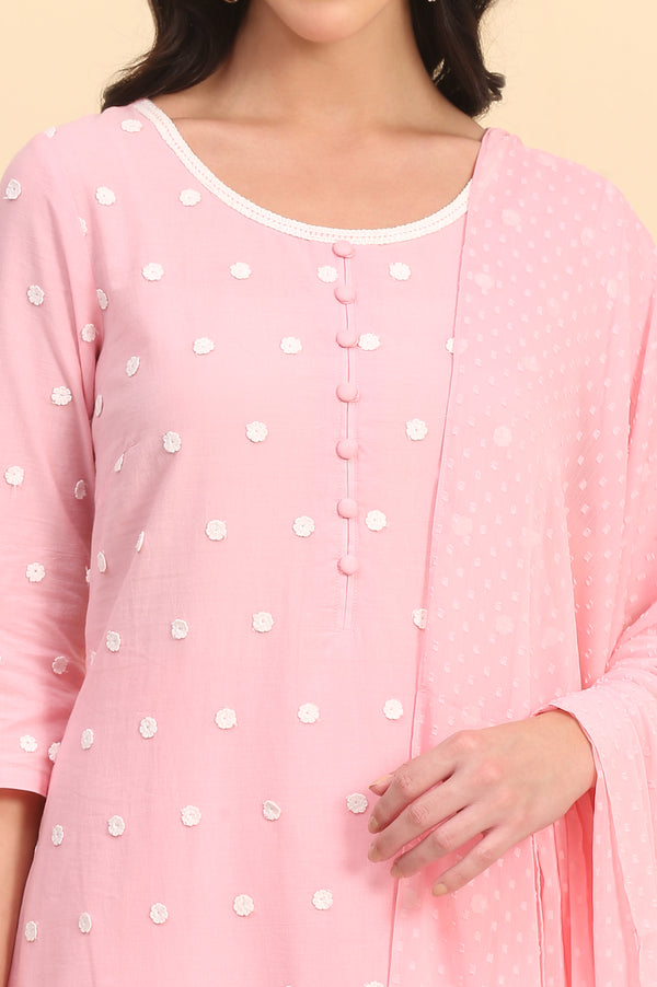 Powder Pink Solid Schiffli Embroidered Straight Cotton Kurta, Palazzos and Dupatta Set