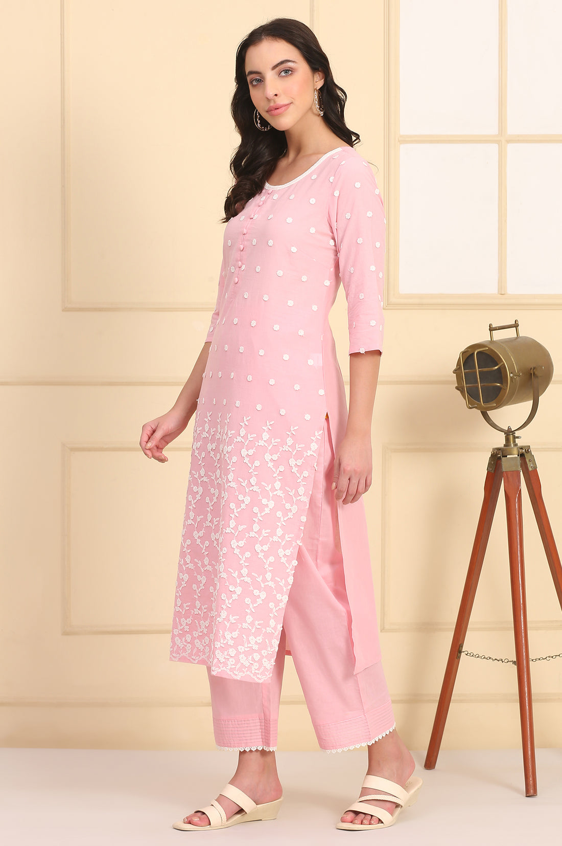 Powder Pink Solid Schiffli Embroidered Straight Cotton Kurta, Palazzos and Dupatta Set