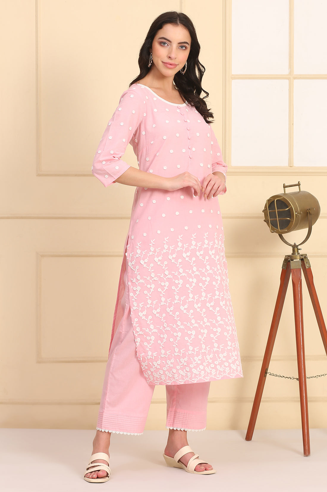 Powder Pink Solid Schiffli Embroidered Straight Cotton Kurta, Palazzos and Dupatta Set