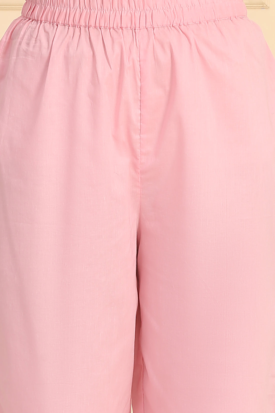 Powder Pink Solid Schiffli Embroidered Straight Cotton Kurta, Palazzos and Dupatta Set