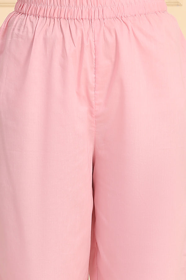 Powder Pink Solid Schiffli Embroidered Straight Cotton Kurta, Palazzos and Dupatta Set