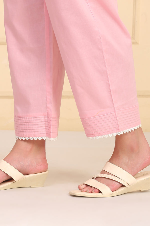 Powder Pink Solid Schiffli Embroidered Straight Cotton Kurta, Palazzos and Dupatta Set