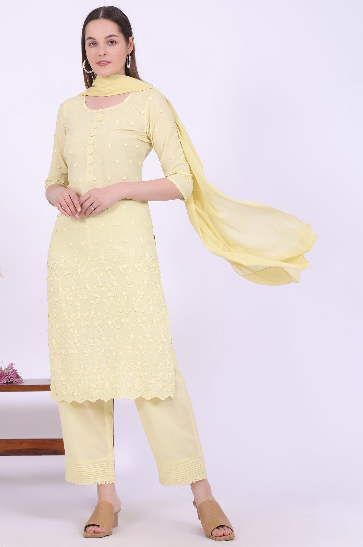 Yellow Embroidered Pure Cotton Straight Kurta with Palazzos & Dupatta Set - S