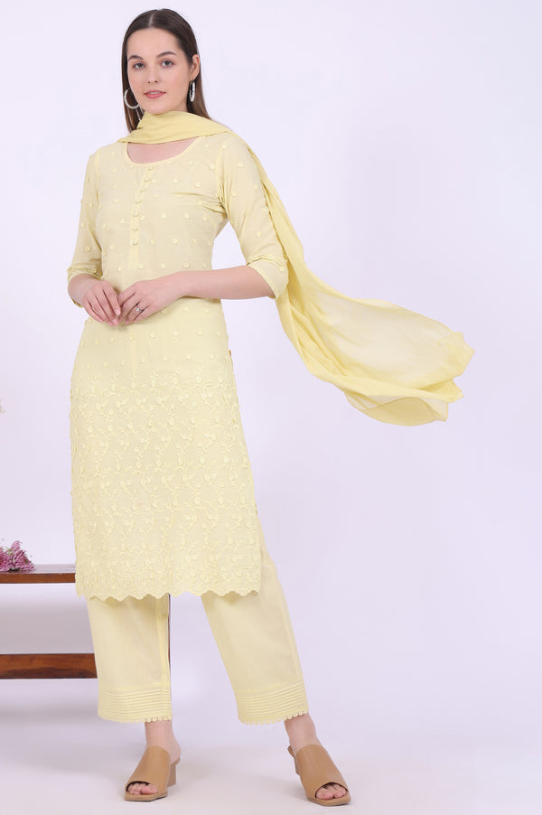 Yellow Embroidered Pure Cotton Straight Kurta with Palazzos & Dupatta Set